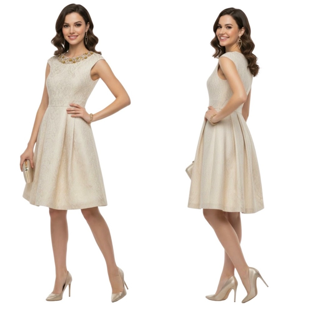 ELIZA J Cream Gold Tapestry A-Line Dress Jewelled Neckline Pockets